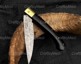 Sardinian Pattades Knives , Damascus Folding knife Feather Blade Buffalo Horn with Brass core , Pocket knife  with Leather Sheath