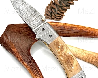 Damascus Folding Knife with Leather Sheath – Groomsmen Gift for Men