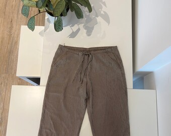 Vintage jaren 2000 gestreepte bruine en beige lange broek broek | Wijde pijpen | Maat 12