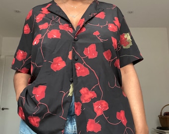 Vintage Sara Neal Collection y2k 00s East Asian Inspired Style Black & Red Flower Blouse Top UK Size 14 Oriental Floral