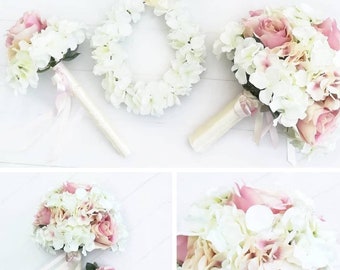 Blush Pink Complete Wedding Flower Package, Hydrangea & Rose Wedding Bouquet, Bridesmaids Bouquets, Flowergirl Wands, Halos, Buttonholes.