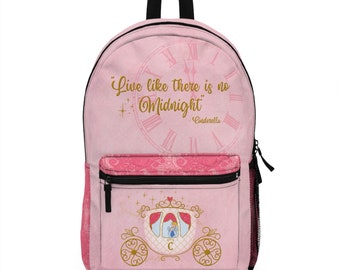 Mochila con carruaje de princesa Cenicienta de Disney, bolsa de viaje rosa única, cita de Disney "La vida es como si no hubiera medianoche"