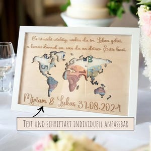 Geldgeschenkverpackung Weltkarte im Bilderrahmen - personalisiert /  Hochzeitsgeschenk / Grußkarte Holz Hochzeit / Geschenkidee hochwertig