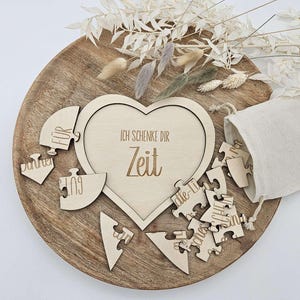 Gutscheinverpackung als Herzpuzzle - Ich schenke Dir Zeit  / Holzpuzzle / Gutscheinkarte / Geschenkverpackung / Zeit statt Zeug / Grußkarte