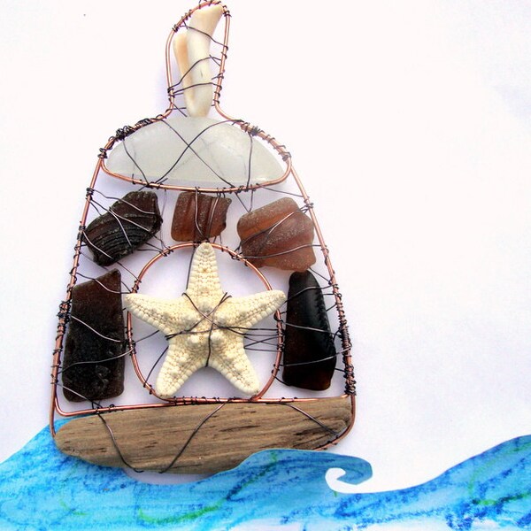 Nautical House Boat Suncatcher Ornament with Maine Sea Glass Driftwood and Starfish