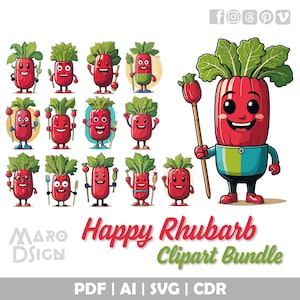 Glücklicher Rhabarber Clipart Bundle | Spaß und niedlicher Rhabarber Zeichentrickfigur für DIY-Projekte, druckbare Kunstwerke und fruchtige Design-Abenteuer