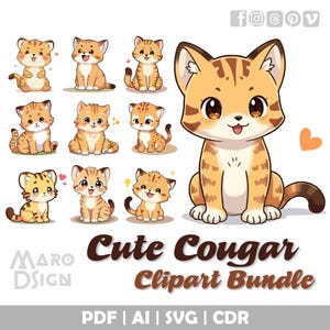 Lot de cliparts puma mignon | Chat sauvage de style chibi dans une esthétique manga, idéal pour les cartes de voeux, l'art numérique, les impressions de chambre d'enfant et le bricolage