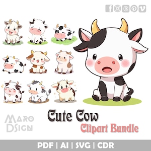 Schattige koe clipartbundel | Clipart met schattige chibi-kalf voor creatieve ontwerpen, stickers, decor, T-shirts en knutselliefhebbers