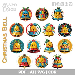 Paquete de imágenes prediseñadas de campanas navideñas / Amuleto navideño con diseño elegante para manualidades, decoraciones y proyectos de bricolaje