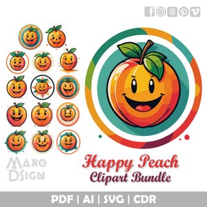 Lot de cliparts pêche heureuse | Personnage pêche mignon et juteux, image vectorielle éditable pour des projets d'été amusants, des autocollants et des conceptions ludiques