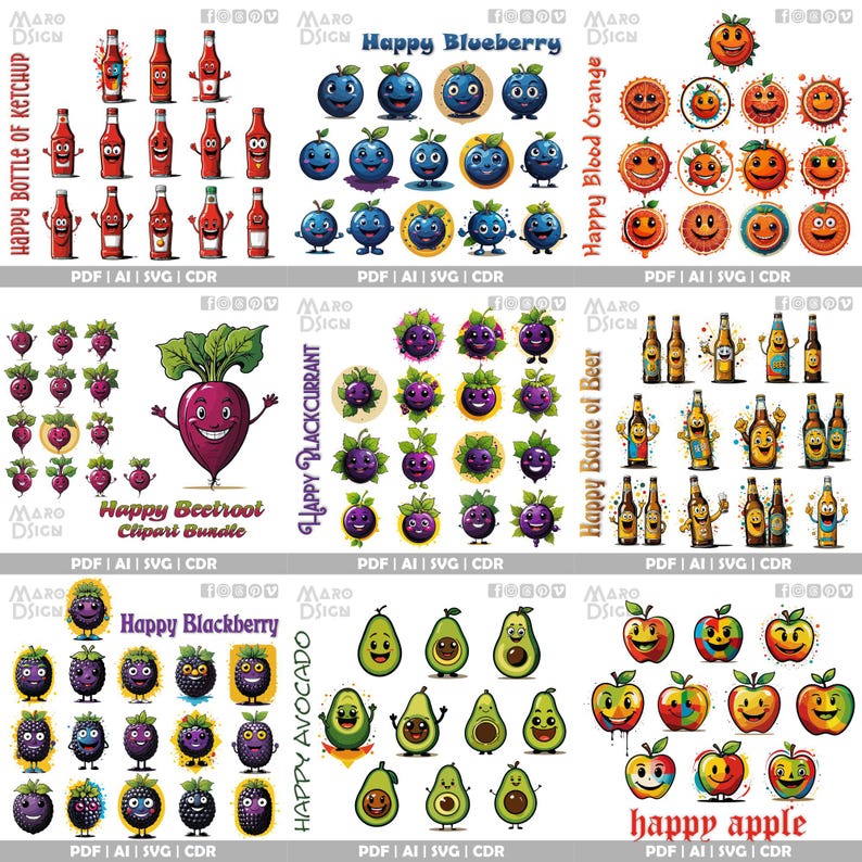 60+ Happy Food Clipart Bundle | Cheerful Cartoon Food Illustrations for ...