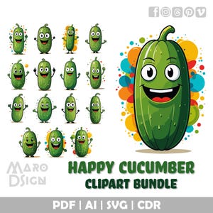Zestaw clipartów Happy Cucumber | Uroczy i edytowalny wektor, idealny do dekoracji kuchni, naklejek i kreacji o tematyce jedzenia