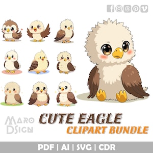 Grazioso set di clipart di aquile / Vettore in stile giapponese per progetti creativi, perfetto per adesivi kawaii, cancelleria, stampe e divertenti idee artigianali.