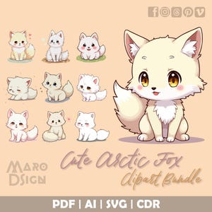 Lindo paquete de imágenes prediseñadas de zorro ártico: adorable animal invernal inspirado en el manga, con ojos grandes y un amuleto esponjoso para manualidades, ropa y papelería.
