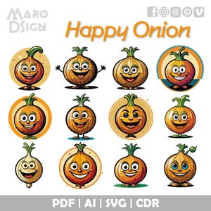 Happy Onion Clipart Bundle | Adorable Editable Vector Art of a Smiling Onion for Food Art, Custom Products, and Unique Creative Ideas