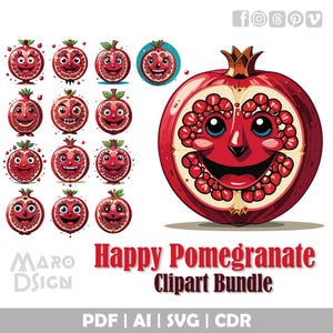 Happy Pomegranate Clipart Bundle | Adorable and Vibrant Fruit Design for Fun Projects, Scrapbooking, Stickers, and Whimsical Creations