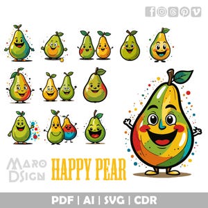 Glückliche Birne Clipart | Bunte Vektor-Kunst für DIY-Projekte, Heimdekor und lustige Designs zum Thema Essen