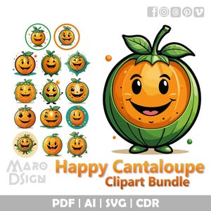 Happy Cantaloupe Clipart Bundle | Cute Smiling Melon Illustration for Fun DIY Crafts, Kitchen Decor, Kids Projects, and Fruity Designs