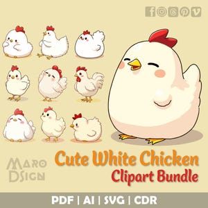 Cute White Chicken Clipart Bundle | Kawaii Pixiv-Inspired Chick Illustration for Planners, Prints, Stickers, Crafts & Art Creations