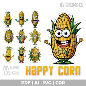 Glücklicher Mais Clipart Bundle | Helle und lustige Vektor Clipart für DIY, Food Art und eigene Projekte