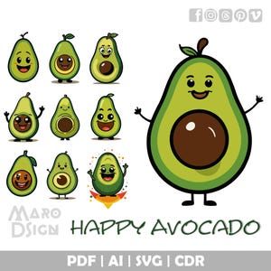 Glückliches Avocado Clipart-Bundle | Süße bunte Lebensmittel Art Clipart Ideal für kreative DIY-Gebrauch, individuelles Dekor und kommerzielle Nutzung