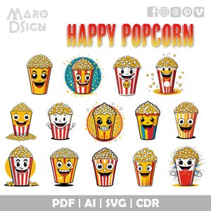 Popcorn Clipart Bundle | Bearbeitbare Cartoon Art, perfekt für Snack-Liebhaber, digitale Designs und auffällige Food-Grafiken
