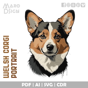 Welsh Corgis Porträt | Niedliches, anpassbares Kunstwerk des ikonischen kurzbeinigen Welpen für Heimwerker, Design-Projekte und Tierliebhaber