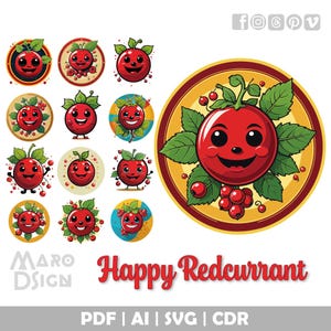 Zestaw clipartów Happy Redcurrant | Jasny i wesoły uśmiechnięty wektor Redcurrant, idealny do projektów o tematyce jedzenia i wystroju kuchni