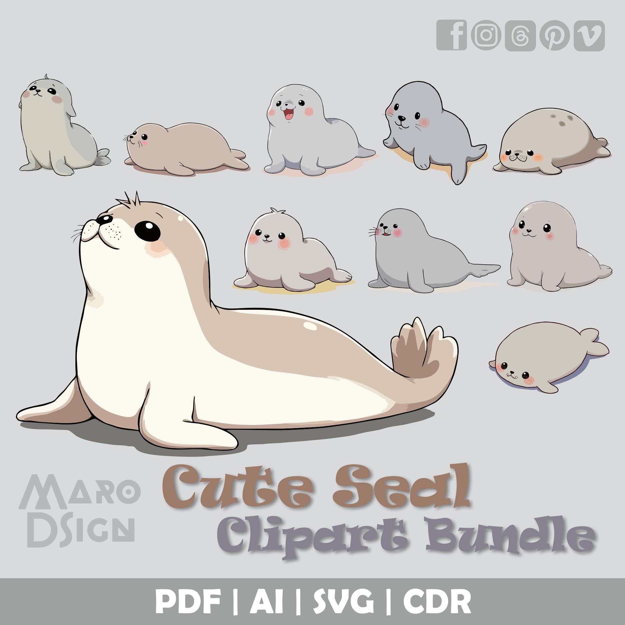 かわいいアザラシのクリップアート集 | ステッカー、デジタルアート、アパレル、文房具デザインに最適な、Pixiv風のかわいい海洋キャラクターイラスト  - Etsy 日本, image size:2000x2000