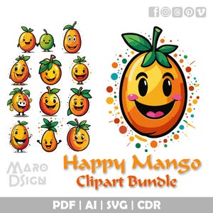 Fröhliche Mango Clipart Bundle | Spaß und bunte digitale Kunst für DIY, tropische Designs, Lebensmittel- und Cocktailillustrationen