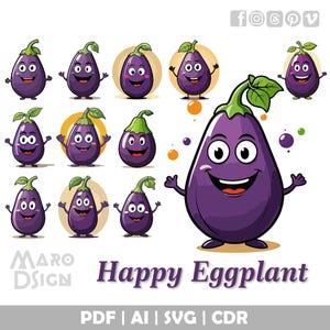 Happy Eggplant Clipart Bundle | Quirky and Cheerful Editable Vector for Cooking Designs, Kids Crafts, and Cute Food-Themed Artwork
