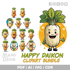Fröhlich Daikon Clipart Bundle | Verspielte Vektorgrafik eines fröhlichen japanischen Radieschens, perfekt für Food Art, Küchendekoration und lustige Basteln