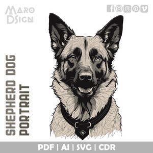Portret herdershond | Bewerkbare vectorkunst van een loyale en intelligente hond, ideaal voor creatief ontwerp, knutselen en doe-het-zelfprojecten