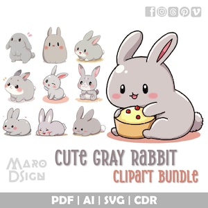 Cute Gray Rabbit Clipart Bundle | Adorable Anime Bunny Clipart in Japanese Manga Style for Kawaii Stickers, Prints, Apparel & Crafts