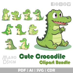 Lot de cliparts crocodile mignon | Adorable clipart vectoriel de style chibi avec des vibrations de la jungle kawaii pour travaux manuels, impressions et plus