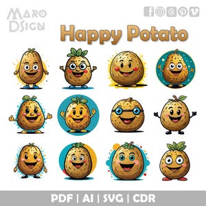 Paquete de imágenes prediseñadas de papas felices: adorable y editable vector sonriente para arte culinario, manualidades, decoración de cocina y proyectos creativos