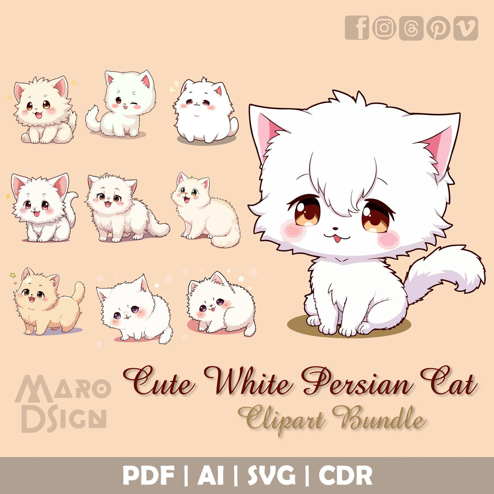 Cute White Persian Cat Clipart Bundle | Sweet Manga-inspired Kitten ...