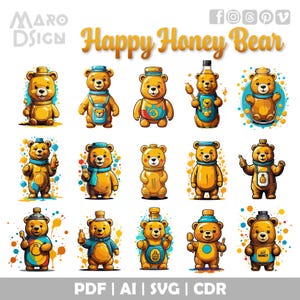 Glücklicher Honig Bär Clipart Bundle | Bearbeitbarer Vektor einer fröhlichen Honigflasche, perfekt für Lebensmittelgrafiken, Etiketten und digitale Kreationen