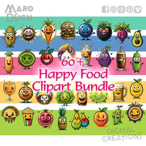 60+ Happy Food Clipart-Bundle | Fröhliche Cartoon Food Illustrationen für Schulprojekte, Printables, Etiketten, digitale Kunst und als Küchendeko