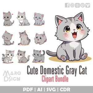 Cute Domestic Gray Cat Clipart Bundle | Sweet Chibi Cat Character in Japanese Anime Style for Cute Projects, Wall Art & Scrapbooking Design