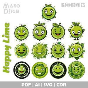 Zestaw Happy Lime Clipart | Zabawna i żywa ilustracja wektorowa do kreatywnych projektów DIY, projektów o tematyce jedzenia i zabawnych projektów artystycznych