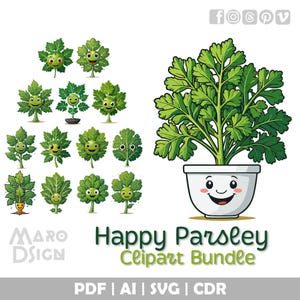 Zestaw clipartów Happy Parsley | Zabawny zielony ziołowy wektor do świeżych drukowanych rzemiosł, motywów kulinarnych, sztuki ściennej i unikalnych projektów cyfrowych