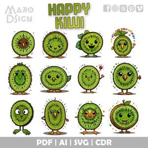 Fröhliche Kiwi Clipart-Bundle | Spaß, bearbeitbare Obst Illustration für kreative Projekte, DIY, digitale Kunst & Merch Designs