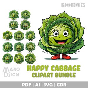 Zestaw clipartów Happy Cabbage | Zabawna i przyjazna ilustracja warzywna, idealna do prac plastycznych dla dzieci, projektów i kreacji o tematyce kulinarnej