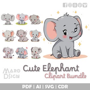 Cute Elephant Clipart Bundle | Kawaii Jungle Clipart in Manga Style for Stickers, Apparel, Cards, Nursery Prints and Crafts
