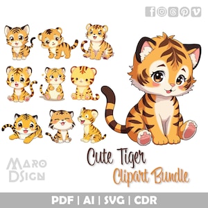 Paquete de imágenes prediseñadas de tigres adorables / Imágenes prediseñadas de estilo anime con estética manga japonesa para calcomanías, impresiones, ropa, manualidades y proyectos vectoriales kawaii