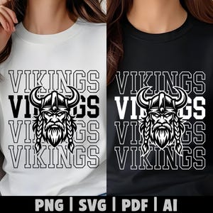 Può includere: Una t-shirt bianca e una t-shirt nera, ciascuna con la grafica di un guerriero vichingo cornuto con barba intrecciata. La parola VIKINGS è stampata più volte in un carattere in grassetto sullo sfondo. Il testo PNG | SVG | PDF | AI è visibile.