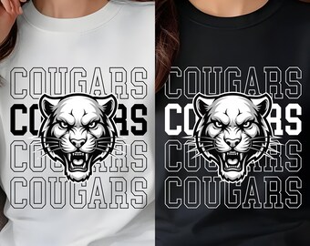 May include: A white t-shirt and a black t-shirt, each featuring a graphic of a snarling cougar head centered over the word COUGARS repeated in a stacked, block-letter font. The text PNG | SVG | PDF | AI appears at the bottom of the image.
