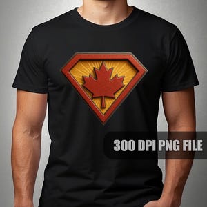 Op de afbeelding: Zwart T-shirt met een rood esdoornblad embleem in een ruitvormig ontwerp met een gele zonnestraal achtergrond. De tekst "300 DPI PNG FILE" staat onderaan. Een casual kledingstuk.