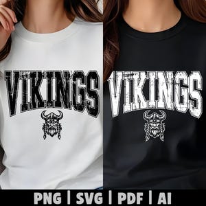 Distressed Vikings maskotlogotyp SVG, Varsity Clipart, digital nedladdning av sportlag, Viking Head-logotyp för T-shirts, Hoodies, Klistermärken, Muggar